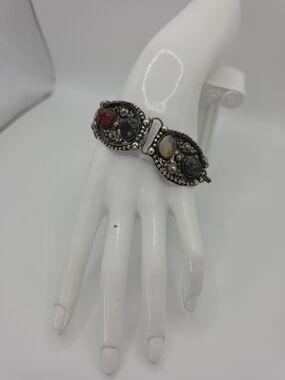 Brass Multilink Hinged Bracelet 1930s Semiprecious Cabochon Stones